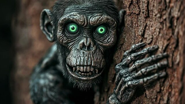 Creepy, glowing-eyed monkey hiding behind a tree in a dark forest, ideal for Halloween, horror-themed events, and eerie storytelling visuals
