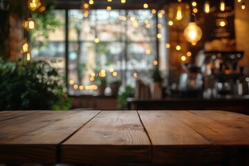 A cozy cafe interior featuring a wooden table, greenery, and warm, glowing lights in the background, creating an inviting atmosphere for relaxation and socializing