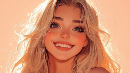 Fototapeta premium A cheerful young woman with long, flowing blonde hair and a bright smile against a soft, warm background, radiating positivity and joy.