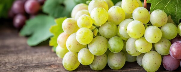 Fresh bunch of green grapes with leaves on a wooden table, perfect for healthy snacks or culinary presentations.