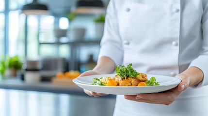Chef presenting a delicious dish on a white plate.