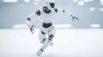 Fototapeta premium White humanoid robot with a blue eye, holding its hand up, against a blurred background.