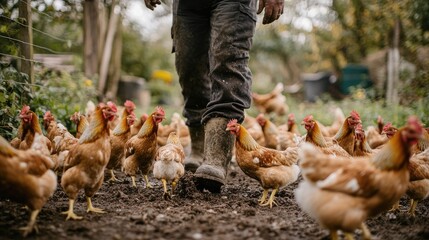 A person walking among free-range chickens in a farm setting.
