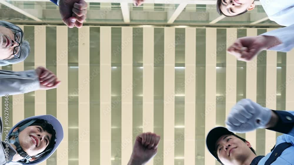 Poster 円陣を組む様々な職業の人々のチームワークイメージ（ビジネスマン・エンジニア・研究者・警備員）