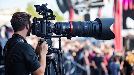 A photographer captures an event with a large camera lens in a crowded outdoor setting.