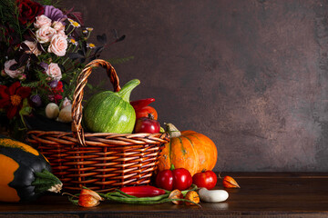 Autumn harvest of different vegetables. Still life of food on wooden table. Concept healthy food with copy space