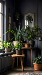 Modern interior living room of green plant vase, tree frame, nature room on grey colour wall. botany greenhouse leaf decoration house