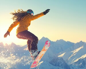 Fierce female snowboarder performing a flip midair, snowy mountains, clear light blue sky, and sunlight reflection on snow