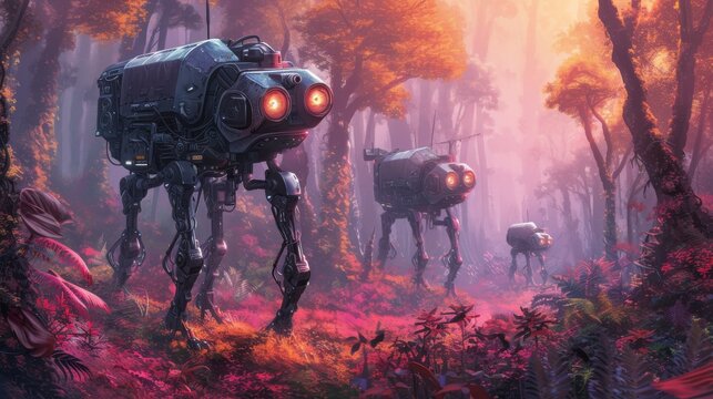 Three robotic walkers traverse a vibrant alien forest, bathed in the warm hues of dusk. The scene features advanced robotic technology and lush, colorful foliage, creating an intriguing blend of