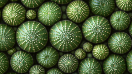Close-up of circular cactus patterns, green textured plant surface