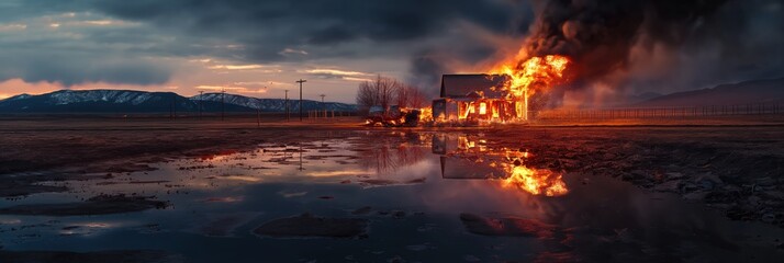 Rural landscape at sunset features a small house engulfed in flames, contrasting with the dark blue sky and wet plain. The scene is eerie and surreal, with thick smoke and flames rising into the air.