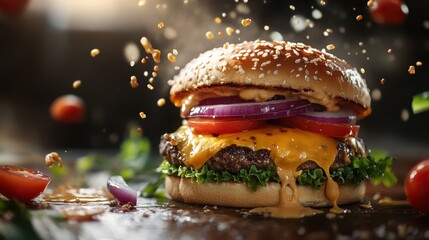 A delicious, cheesy burger with fresh toppings, featuring a sesame seed bun and vibrant vegetables, captured in an appetizing, mouth-watering setting