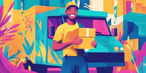 A delivery man holding a package in front of a