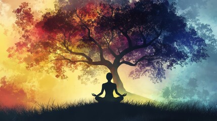 Obraz premium A serene silhouette of a meditating figure surrounded by a vibrant, colorful backdrop featuring a sprawling tree, symbolizing peace and harmony