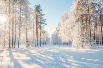 Obraz premium Winter background. Landscapes. Frozen winter forest with snow covered trees. outdoor with generative ai