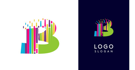 Colorful stripes transitioning into pixel-like elements fat logo template, letter B, abstract equalizer logotype for tech, creative studio, media, digital branding. Vector illustration