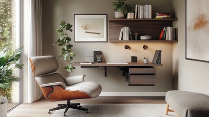 Transform Your Living Room: A Stylish Home Office Corner with Foldable Desk, Wall-Mounted Shelf, and Cozy Reading Chair—Perfect for Work and Relaxation in Any Space!