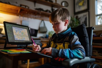 Teen boy uses stylus on tablet computer to design city map. Boy with disability sits in wheelchair at desk with books and plant. Cozy room with lamp and bookshelf.