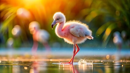 Adorable baby flamingo stands on unsteady legs, soft pink feathers glistening in sunlight, beak tilted, curious gaze fixed on surroundings in tranquil shallow water habitat.