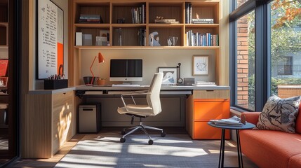 Transform Your Space: Stylish Home Office & Guest Room Combo with Wall-Mounted Desk, Fold-Out Bed, and Bright Storage Bins &ndash; Perfect as a Poster for Modern Interior Inspiration!