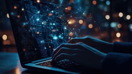 Hands Typing on a Laptop with a Network Connection