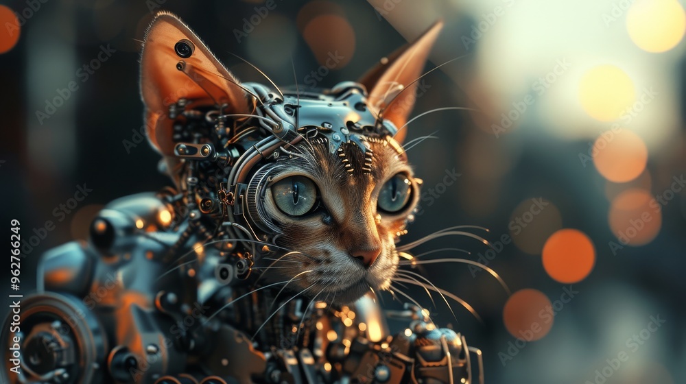 Aufkleber a close-up of a robotic cat with intricate mechanical components and blue eyes, set against a blurre