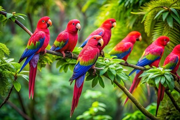 A Flock Of Vibrant Pink Parrots Perch On Lush Green Branches Amidst A Tropical Forest