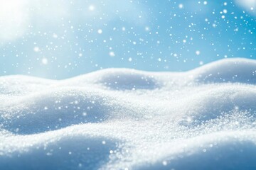 Winter snow background with snowdrifts, with beautiful light and snow flakes on the blue sky in the evening, banner format, copy space with generative ai