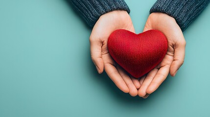 Fototapeta premium A pair of hands gently cradles a vibrant red heart, symbolizing love and care against a calming turquoise background.