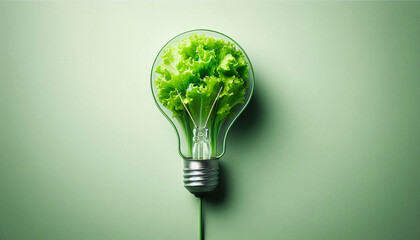 Green energy for human health. The concept of ecology. Green leaf lettuce in a light bulb
