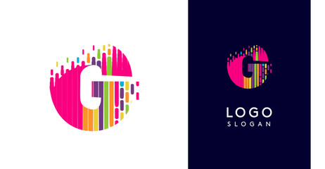 Colorful stripes transitioning into pixel-like elements fat logo template, letter G, abstract equalizer logotype for tech, creative studio, media, digital branding. Vector illustration