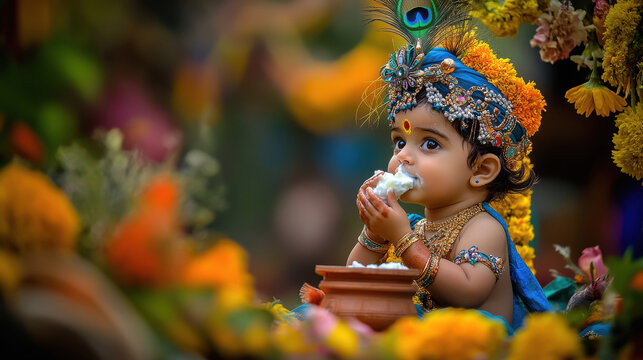 Krishna eating curd from a small clay pot