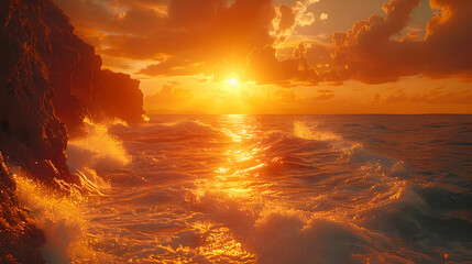 Golden Hour Sunset Over Ocean Waves Illustration