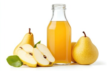 Fresh Pear Juice Bottle With Pear Slices isolated on a white background