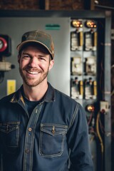 Obraz premium Confident electrician stands in industrial setting surrounded by tools and equipment. He wears a blue shirt and brown baseball cap, gazing directly at the camera with a warm smile.