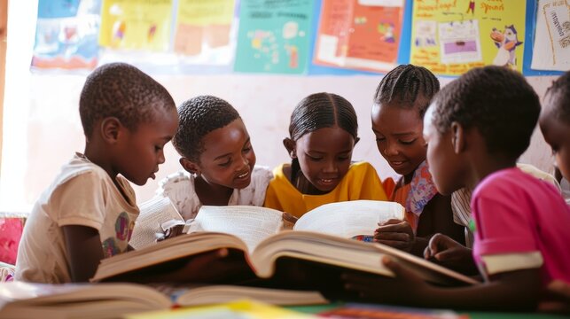 Children Celebrating International Literacy Day Reading Together in Classroom