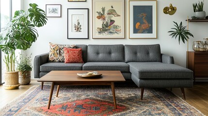 Stylish Living Room with Gray Sectional Sofa & Vintage Decor: Perfect Poster for Modern Sports Interior with Retro Flair and Artistic Touch!