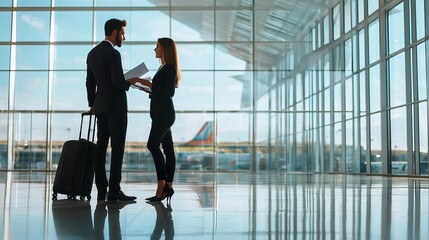 Fototapeta premium A professional couple stands in an airport, engaged in conversation. The modern architecture creates a sleek, business-friendly environment.