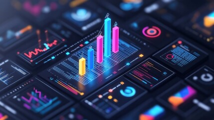 Obraz premium A 3D business chart rising upwards, surrounded by sleek business icons that represent key metrics