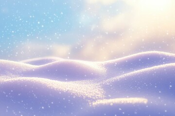 Fototapeta premium Winter snow background with snowdrifts, with beautiful light and snow flakes on the blue sky in the evening, banner format, copy space with generative ai