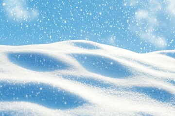 Winter snow background with snowdrifts, with beautiful light and snow flakes on the blue sky in the evening, banner format, copy space with generative ai