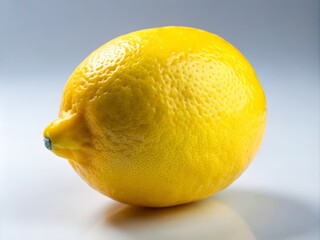 A vibrant, sun-kissed lemon glows brightly against a soft, creamy background, its smooth, glossy surface reflecting