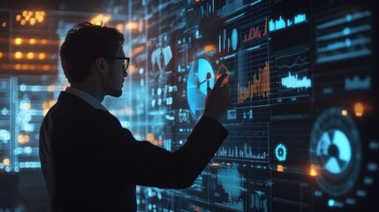 A business executive analyzing a holographic digital chart, projecting significant growth over time