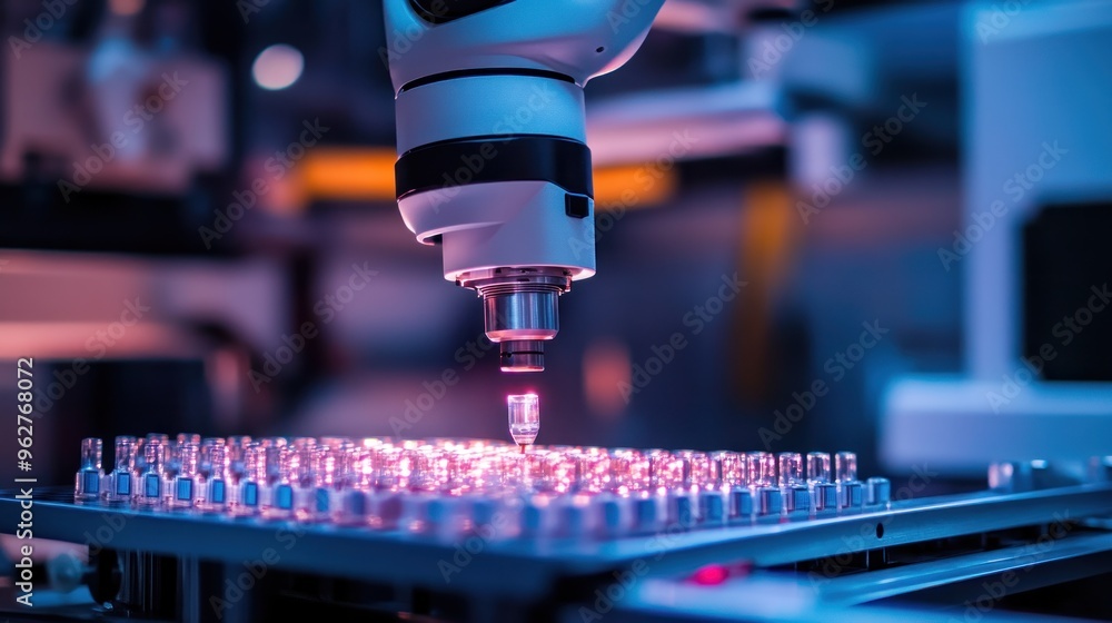 Poster a robotic arm working on a grid of vials in a lab setting, highlighting automation in science.