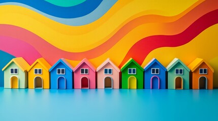 Vibrant toy houses in a row symbolize real estate, community planning, and housing concepts