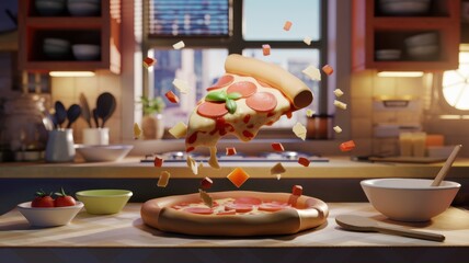 Fototapeta premium A delightful 3D animation depicting a slice of pizza floating above a table filled with various ingredients in a cozy kitchen setting