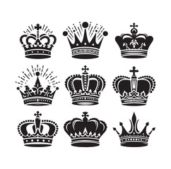 Kings crown icon set silhouette vector illustration