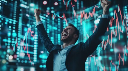 A businessman celebrating growth and success as digital graphs rise in the background