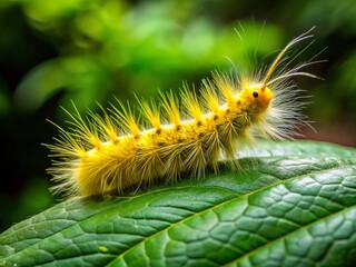 Fototapeta premium A yellow caterpillar traverses a green leaf, its soft, hairy body glistening in the dappled light as it