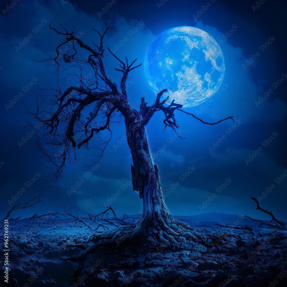 Wall mural dead tree with a large blue light moon in the background